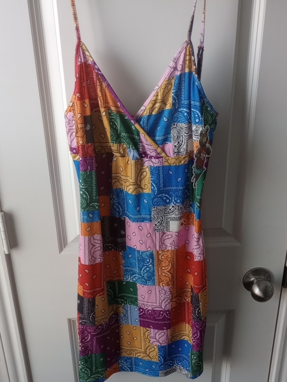 Multi-Color Patchwork Bandana Slip Dress - Spaghetti Strap Mini
